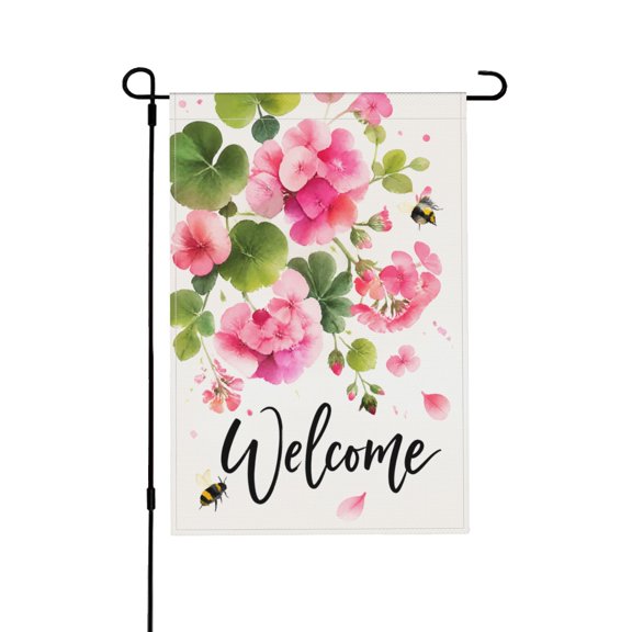 Welcome Spring Summer Pink Geranium Floral Bees Garden Flag For Yard Outdoor Decor 12x18 in