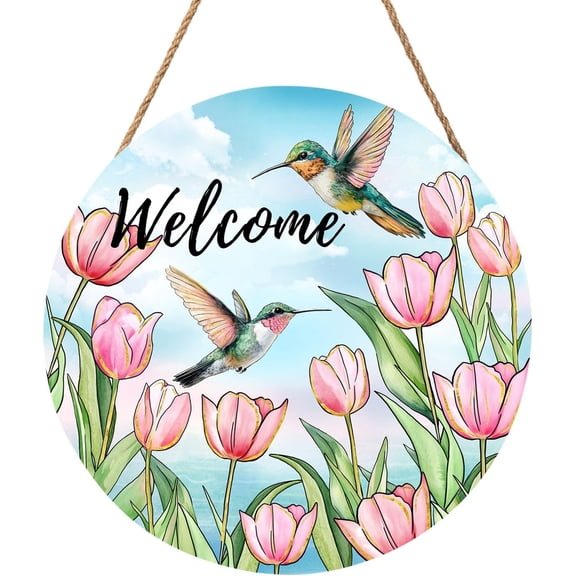 Welcome Spring Summer Pink Tulip Flowers Door Sign For Front Door Decor,Hummingbird Birds Wooden Sign 12"x 12" Round Seasonal Hanging Door Sign Decoration for Rustic Decor