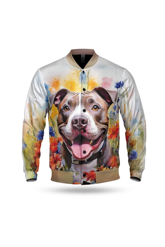 Welcome Spring Summer Pitbull Portrait Flower Blue Sky All Over Print 3D Baseball Jacket Terrier Dog Lover Bomber Jacket Softball - 12001