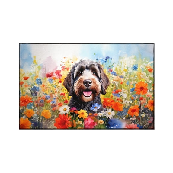 Welcome Spring Summer Portuguese Water Dog Portrait Flower Blue Sky Indoor Rug PWD Portie Fishing Dog Lover Carpet Living Bed Room Sofa Home Decor - 12001