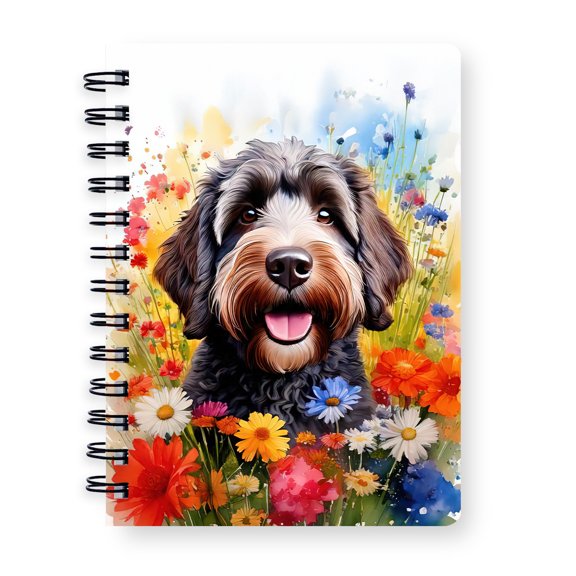 Welcome Spring Summer Portuguese Water Dog Portrait Flower Blue Sky Spiral Bound Journal PWD Portie Fishing Dog Lover 5x7in Spiral Notebook - 12001