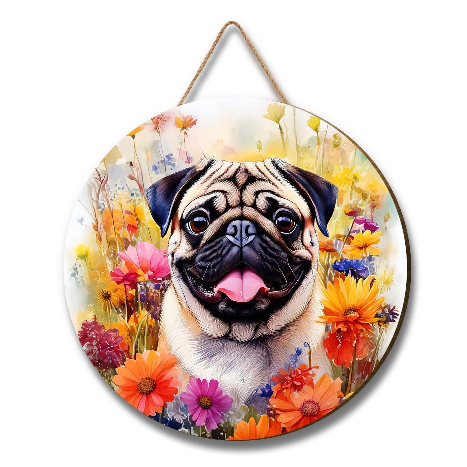 Pug Happy Spring Welcome Spring Summer Pug Portrait Flower Blue Sky Round Wood Sign Dog ...