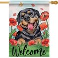 thumbnail image 1 of Welcome Spring Summer Rottweiler Dog 28 x 40 House Flag Double Sided, Pet Poppy Flower Garden Yard Decoration Dog Lover Gift, Red Floral Seasonal Burlap Outdoor Décor Decorative Large Flag, 1 of 6