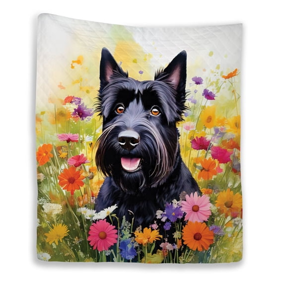Welcome Spring Summer Scottish Terrier Portrait Flower Blue Sky Quilt Blanket Scottie Dog Lover Gifts Cozy Comforter Throw Blanket - 12001
