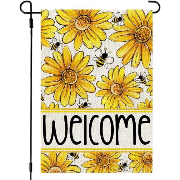Welcome Spring Summer Seasonal Holiday Garden Flag 12x18 Double Sided Small Daisy Bee Floral for Outdoor Yard Lawn