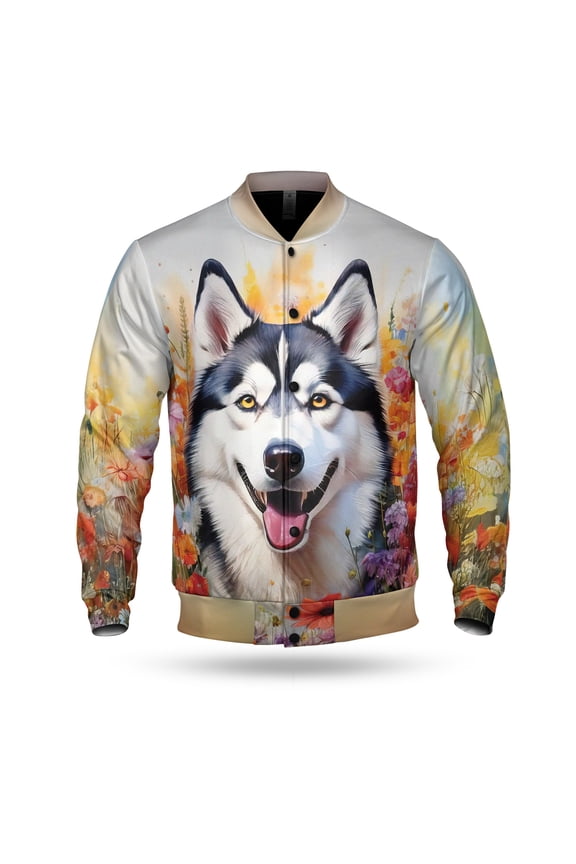 Welcome Spring Summer Siberian Husky Portrait Flower Blue Sky All Over Print 3D Baseball Jacket Husky Dog Lover Gifts Bomber Jacket Softball - 12001
