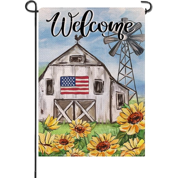 Welcome Spring Summer Small Decorative Garden Flag, USA Country Barn Farm Windmill Sunflower Yard Lawn Outside Decor, Patriotic Farmhouse Fall Autumn Outdoor Home Decoration Double Sided 12.5x18