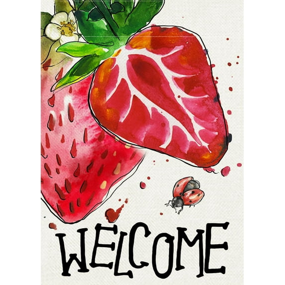 Welcome Spring Summer Strawberry Decorative Garden Flag, Red Fruit Ladybug Yard Outside Decorations, Seasonal Burlap Outdoor Small Home Decor Double Sided 12.5x18