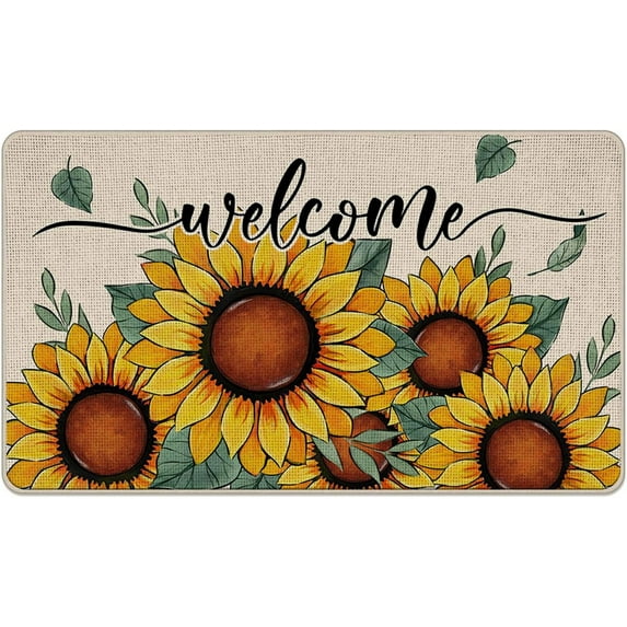 Welcome Spring Summer Sunflower Decorative Front Door Mat, Floral Leaves Doormat Indoor Outdoor Non-Slip Floor Entryway Rug, Fall Autumn Seasonal Home Kitchen Decoration 17x30 Inch