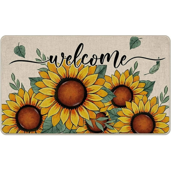 Welcome Spring Summer Sunflower Decorative Front Door Mat, Floral Leaves Doormat Indoor Outdoor Non-Slip Floor Entryway Rug, Fall Autumn Seasonal Home Kitchen Decoration 17x30 Inch