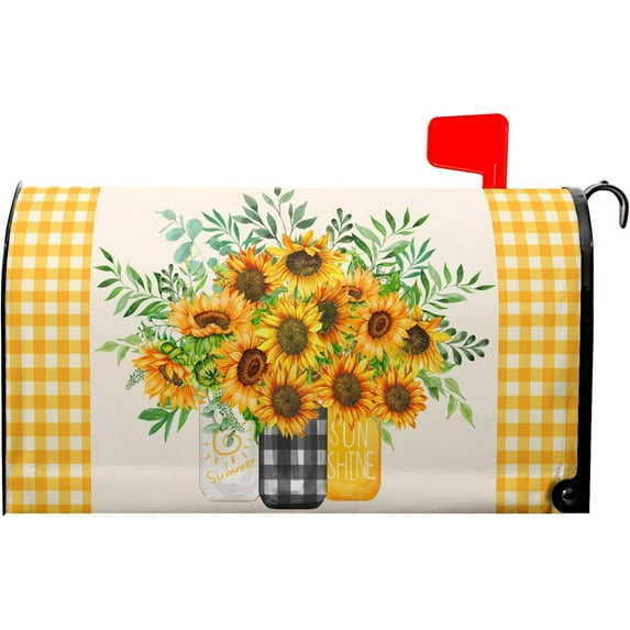 Welcome Spring Summer Sunflower Mailbox Covers Magnetic Standard Size 21"x18" Yellow Blooming Sunflowers Mailbox Covers Rustic Floral Large Mailbox Cover Wrap Post Letter Box Decor for Garden Yard