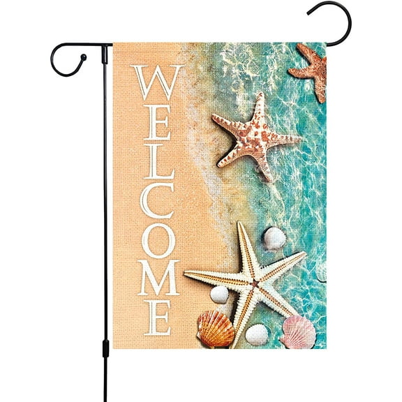 Welcome Spring Summer Vertical Garden Flag 12x18 Inch Double Sided Burlap Beach Starfish Seashell for Lake Yard Decor