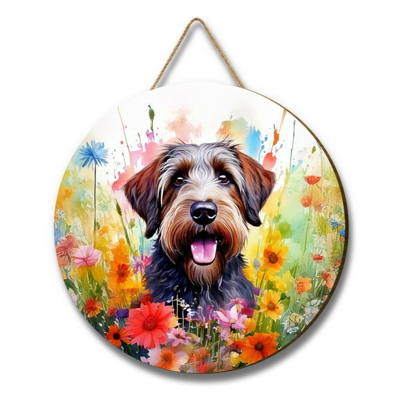Welcome Spring Summer Wirehaired Pointing Griffon Portrait Flower Blue Sky Round Wood Sign Dog Lover Hanging Wall Home Decor - 12001