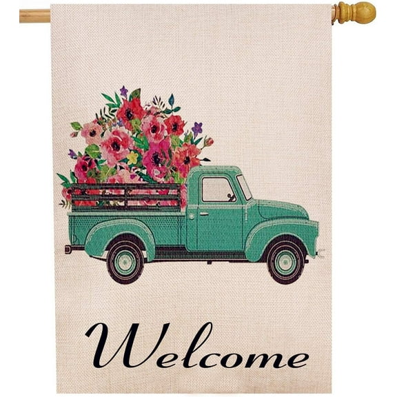 Welcome Spring Truck Decorative House Flag, Flower Pickup Home Yard Garden Outdoor Decor, Summer Large Outside Decoration Double Sided 28 x 40