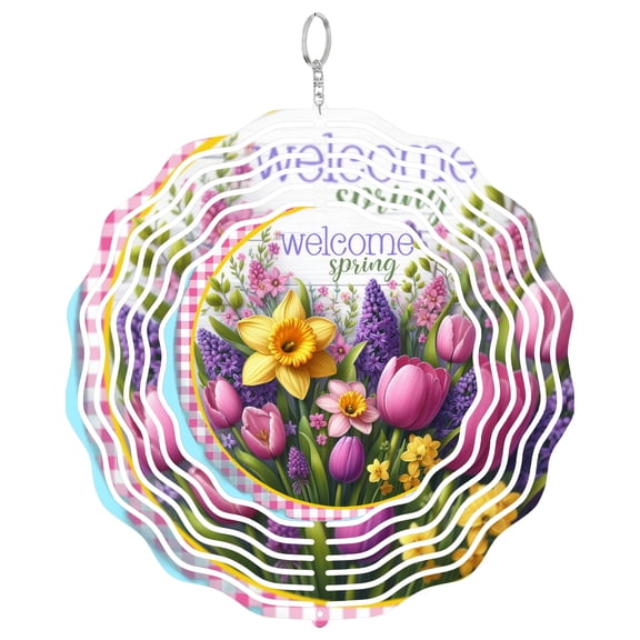 Welcome Spring Tulips And Daffodils 3D Wind Spinner Stainless Steel Kinetic Art Garden Decor 10 Inch