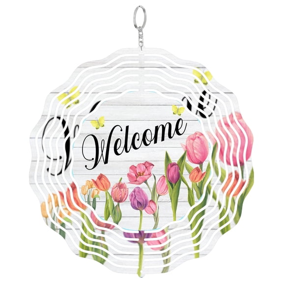 Welcome Spring Tulips Pattern 3D Wind Spinner Stainless Steel Kinetic Art Bright Floral Yard Decor 10 Inch