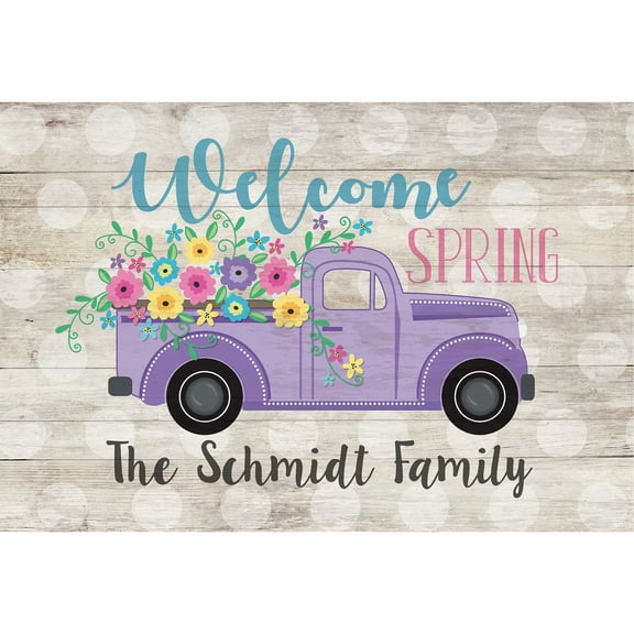 Welcome Spring Vintage Pickup Truck Personalized Doormat with Custom Name Printing and Non-Slip Rubber Backing, Outdoor/Indoor, 18" x 27"