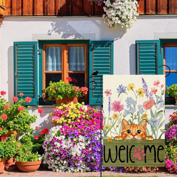 Welcome Spring Watercolor Floral Pattern Cat Garden Flag Summer Seasonal Yard Flag 12x18 Inch Double Sided Small Mini Yard Outdoor Outside Holiday Decoration