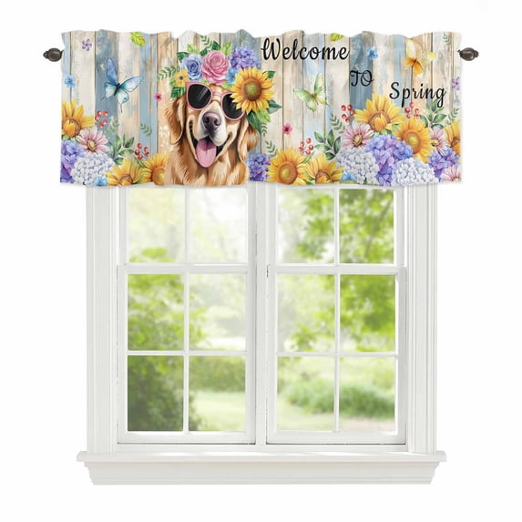 Welcome to Spring Window Valance for Kitchen, Watercolor Spring Dog Floral Butterfly Colorful Wood Grain Rod Pocket Short Curtain for Small Windows, Light Filtering Decorative Valance, 54 x 18 Inch