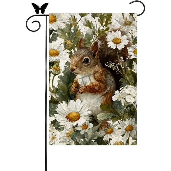 Welcome Squirrel Garden Flag 12x18 Inch Double Sided Spring Summer White Daisy House Flag Small Seasonal Holiday Flag for Outside Yard Decoration (24248)