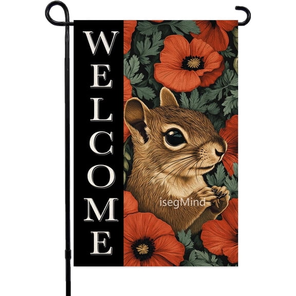 Welcome Squirrel Garden Flags for Outside, 12x18 inch Double Sided Seasonal Poppy-Flower Yard Flags, Small Spring Decor for Farmhouse (1817)