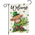 thumbnail image 1 of Welcome St. Patrick's Day Garden Flag 12x18 Double Sided Burlap, Highland Cow with Shamrock Bouquet & Green Plaid Scarf Yard Flag for Spring Seasonal Irish Farmhouse Outdoor Decor(ONLY FLAG), 1 of 6