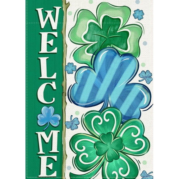 Welcome St Patricks Day Blue Shamrock Decorative Garden Flag, Lucky Clover Stripes Yard Outside Decorations, Spring Irish Burlap Outdoor Small Home Decor Double Sided 12 x 18