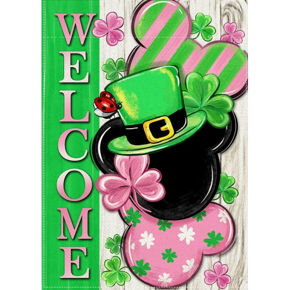 Welcome St Patricks Day Decorative Garden Flag, Pink Lucky Shamrock Clover Yard Outside Decorations, Spring Irish Farmhouse Burlap Outdoor Small Home Decor Double Sided 12 x 18