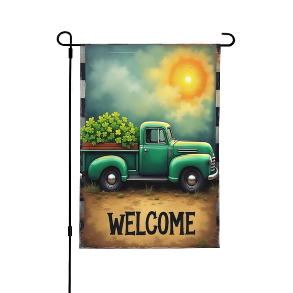 Welcome St Patricks Day Garden Flag 12X18 Inch Double Sided Burlap, Truck Lucky Shamrocks Sign Farmhouse Yard Outdoor Decor