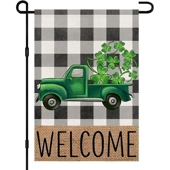 Welcome St Patricks Day Garden Flag 12x18 Inch Double Sided Burlap, Truck Lucky Shamrocks Sign Farmhouse Yard Outdoor Decor DF185