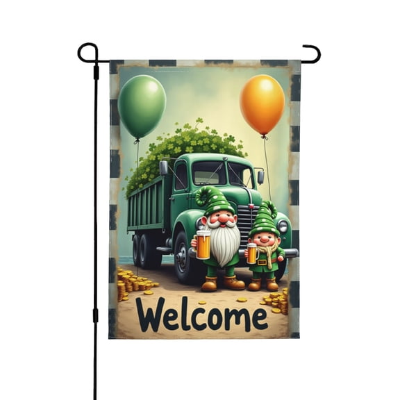 Welcome St Patricks Day Garden Flag For Outdoor,Gnomes With Shamrock Truck Buffalo Plaid Small Yard Flag,Spring Saint Patrick Decors For Outside Holiday 12X18 Double Sided