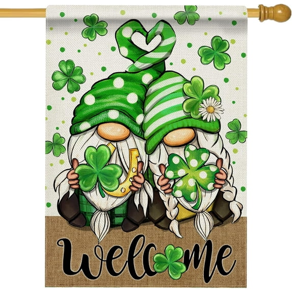 Welcome St. Patricks Day Gnome House Flag Double Sided, Lucky Shamrock Clover Polka Dot Decorative Garden Yard Outdoor Large Decor, Horseshoe Irish Rustic Burlap Home Outside Decoration 28x40