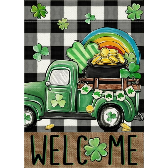 Welcome St Patricks Day Green Truck Decorative Garden Flag, Shamrock Clover Black White Buffalo Plaid Check Yard Outside Decorations, Farmhouse Irish Outdoor Small Home Decor Double Sided 12x18