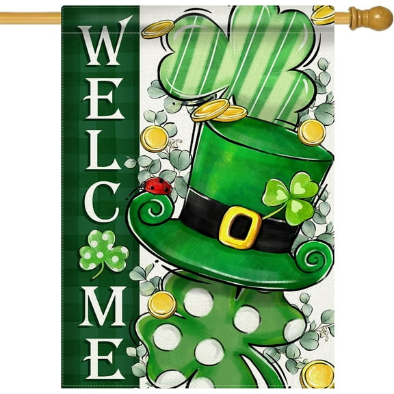 Welcome St Patricks Day Shamrock Clover Decorative House Flag, Green Hat Polka Dot Stripe Gold Garden Yard Outside Decorations, Irish Spring Holiday Outdoor Large Home Decor Double Sided 28x40