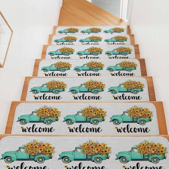 Welcome Stair Treads Non Slip for Steps Summer Flowers Light Blue Truck Vintage Farmhouse 7 Pcs Reusable Adhesive Stair Runner Mats for Dogs Elders Carpet Treads Rugs for Staircase 8x30 In