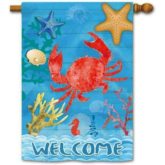 Welcome Star and Crab Ocean House Flag Sealife Banner 28"x40" Print Both Sides
