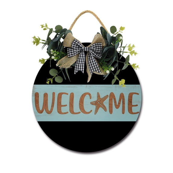 Welcome Starfish Sign Farmhouse Wood Sign Front Porch Decor Rustic Wooden Sign Wall Decor Hanging Wooden Decorations with Bow-Knot for Home Porch Wall Door, 11 x 11 inch