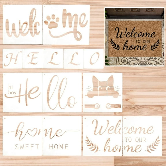 Welcome Stencils for Painting, 6 Set Large Welcome Home Templates Reusable PET Cat Template Stencil for Drawing on Wood Wall Doormat Fabric Chalkboard Sign
