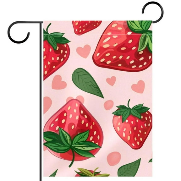 Welcome Strawberry with Green Leaves Pink Hearts Garden Flag, Vertical Double Sided Small House Flag, Yard Farmhouse Outdoor Deck Veranda Lawn Decor 28x40 Inch