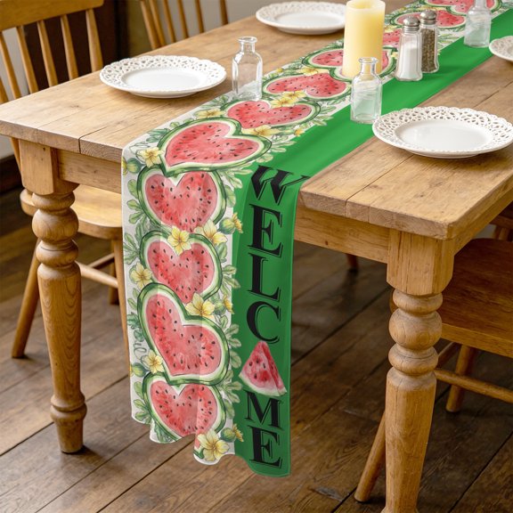 Welcome Summer 10ft Cheesecloth Table Runner for Wedding 27"x120", Heart Watermelon Vines Flower Floral Farmhouse Kitchen Dinner Sheer Tulle Chiffon Dresser Scarf, Holiday Party Decorations