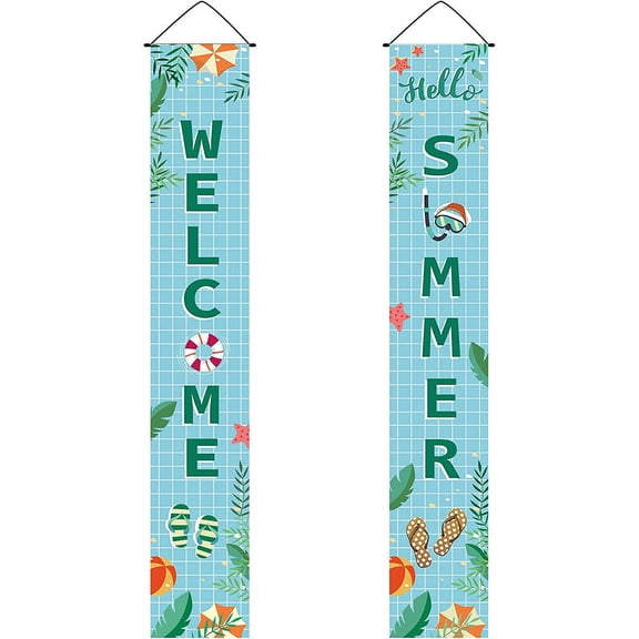 Welcome Summer Banner Hanging Hawaii Theme Swimming Ring Beach Slippers Starfish Door Decor Porch Sign Blue for Indoor Outdoor Holiday Home Party Porch Wall Xmas 11.8 x 70.8inch diy