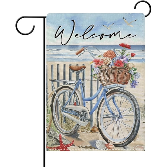 Welcome Summer Beach Bike Decorative Garden Flag, Coastal Bicycle Flowers Conch Yard Outside Home Decoration, Spring Nautical Starfish Seabird Burlap Outdoor Small Decor Double Sided 12 x 18