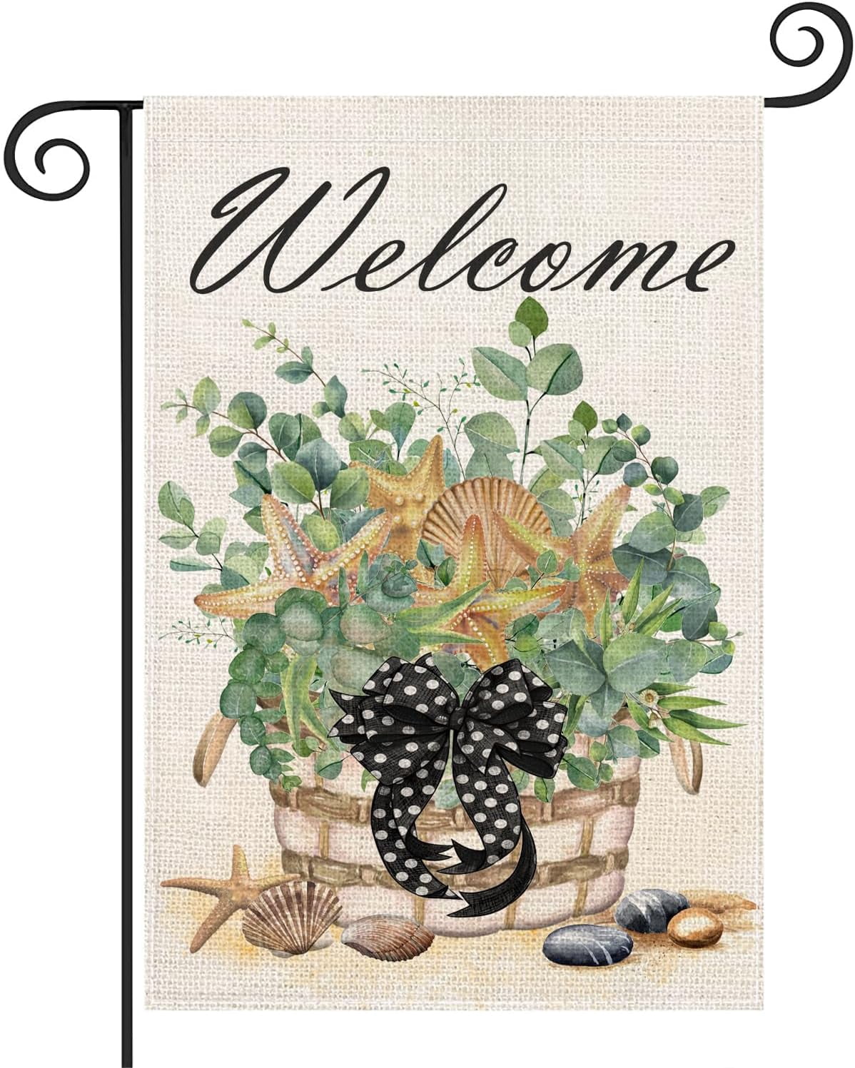 Welcome Summer Beach Garden Flag 12.5x18 Double Sided Outside Starfish Coastal Green Eucalyptus Leaves Ocean Sea Conch Marine Bowknot Yard Outdoor Decoration