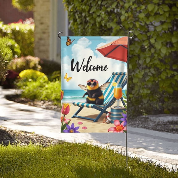 Welcome Summer Beach Garden Flag 12x18 Inch Double Sided Bumblebee Decor Floral Butterfly Beach Scene Yard Flag Outdoor Patio Decoration