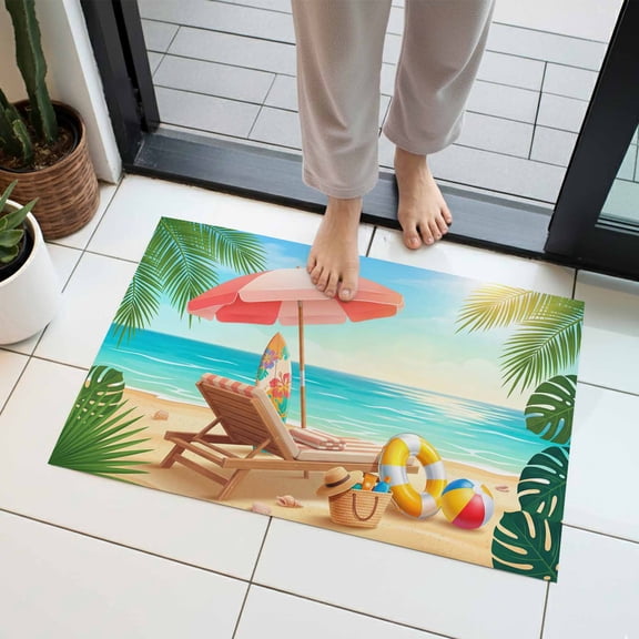 Welcome Summer Beach Indoor Door Mat 18x30 Inch Coastal Watercolor Ocean Sky Palm Trees Lounger Front Door Mat Non Slip Washable Entryway Rug Low Profile Dirt Trapper Doormat for Kitchen Bedroom