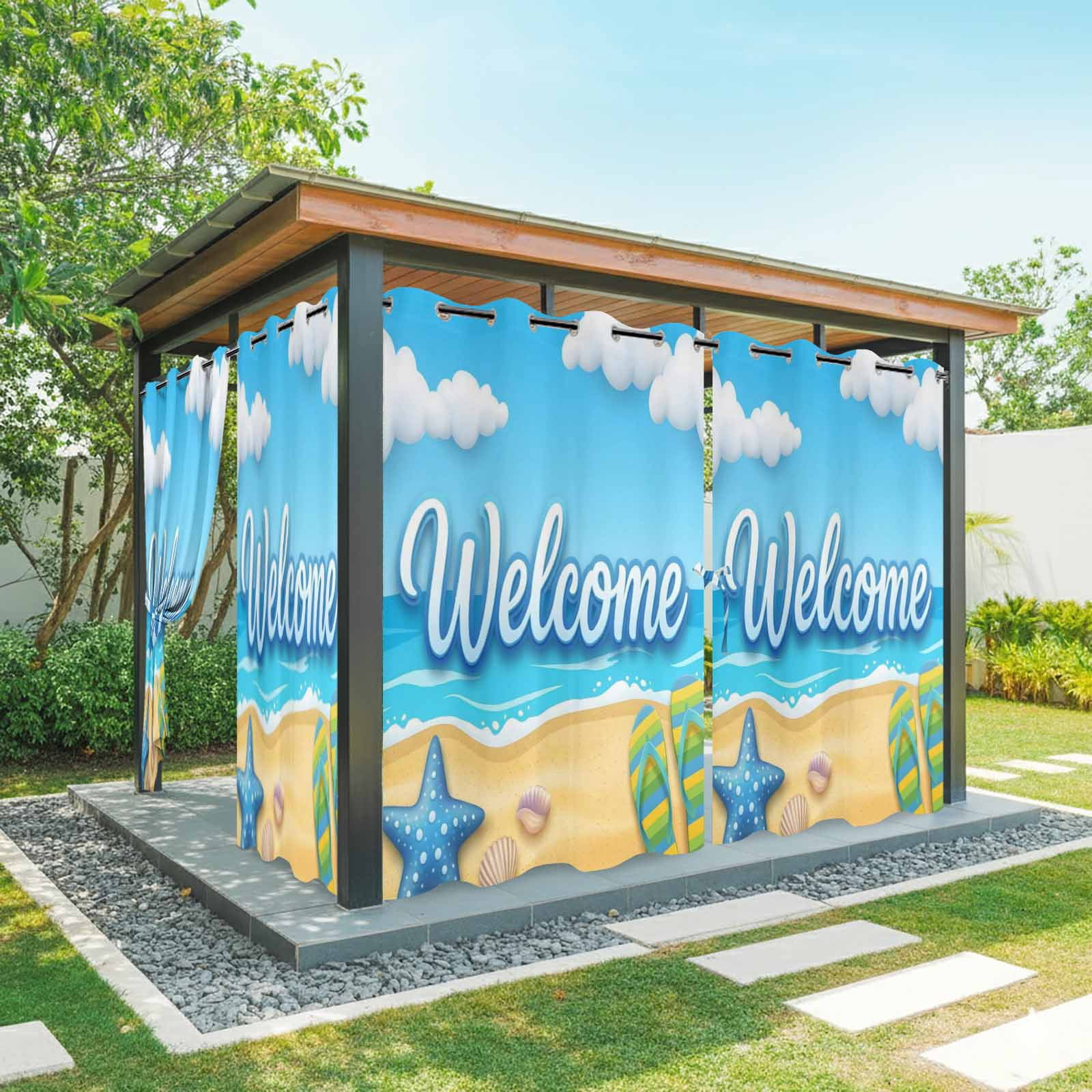 Welcome Summer Beach Outdoor Curtains for Patio, Coastal Watercolor Blue Ocean Starfish Shell Slipper Sunshade Privacy Drapes Grommet Waterproof Outside Curtains for Porch Balcony 54"x108", 1 Panel