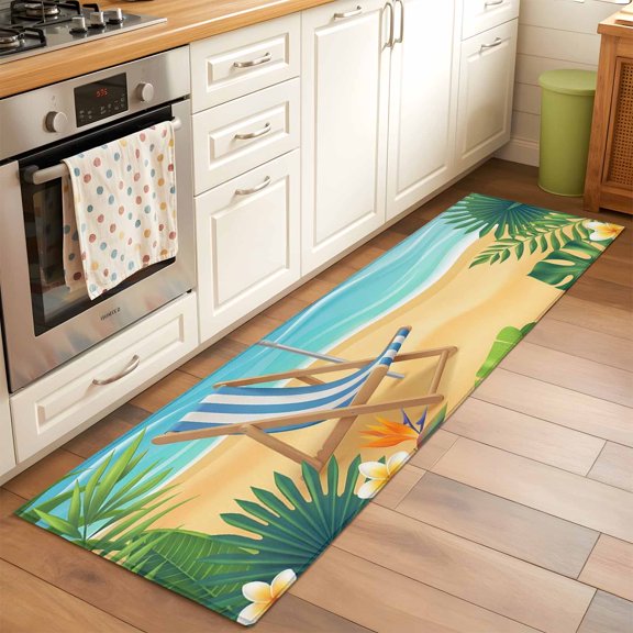 Welcome Summer Beach Runner Rugs 2x6 ft Coastal Watercolor Ocean Sky Flower Lounger Leaf Washable Hallway Rugs Non-Slip Floor Mats Absorbent Carpet Bedside Runners for Bedroom Kitchen Laundry Room