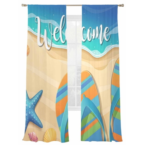 Welcome Summer Beach Sheer Curtains 2 Panels Set Coastal Watercolor Ocean Slippers Starfish Shell Sheer Window Curtains Light Filtering Rod Pocket Voile Drapes for Bedroom Living Room 52"X108"