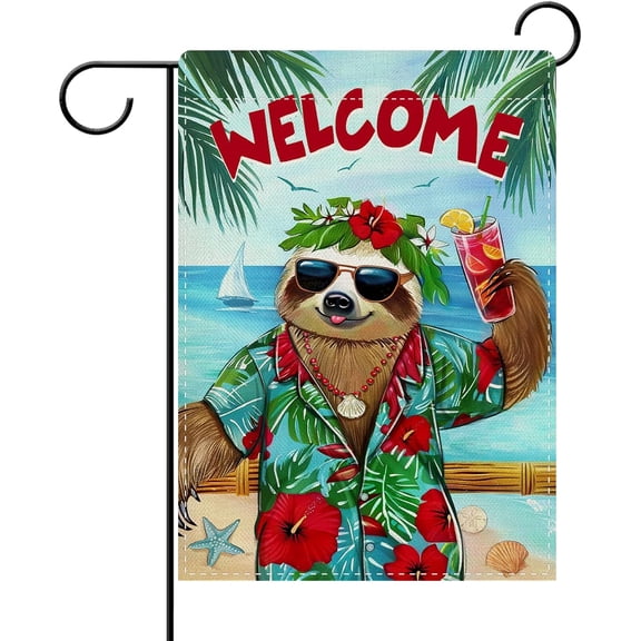 Welcome Summer Beach Sloth Decorative Garden Flag, Tropical Coastal Palm Leaves Yard Outside Home Decoration, Hawaii Nautical Burlap Outdoor Small Decor Double Sided 12 x 18