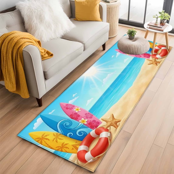 Welcome Summer Beach Washable Runner Rugs 2'x6', Coastal Watercolor Blue Ocean Surfboard Starfish Low Pile Throw Entryway Rug Non-Slip Sturdy Edge Binding Carpet for Indoor Bedside Entrance Bedside